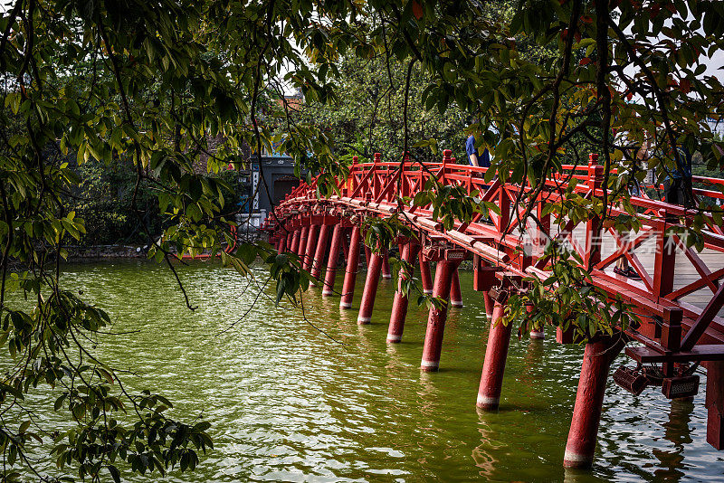 The red bridge to Ngoc Son temple Hanoi, Vietnam